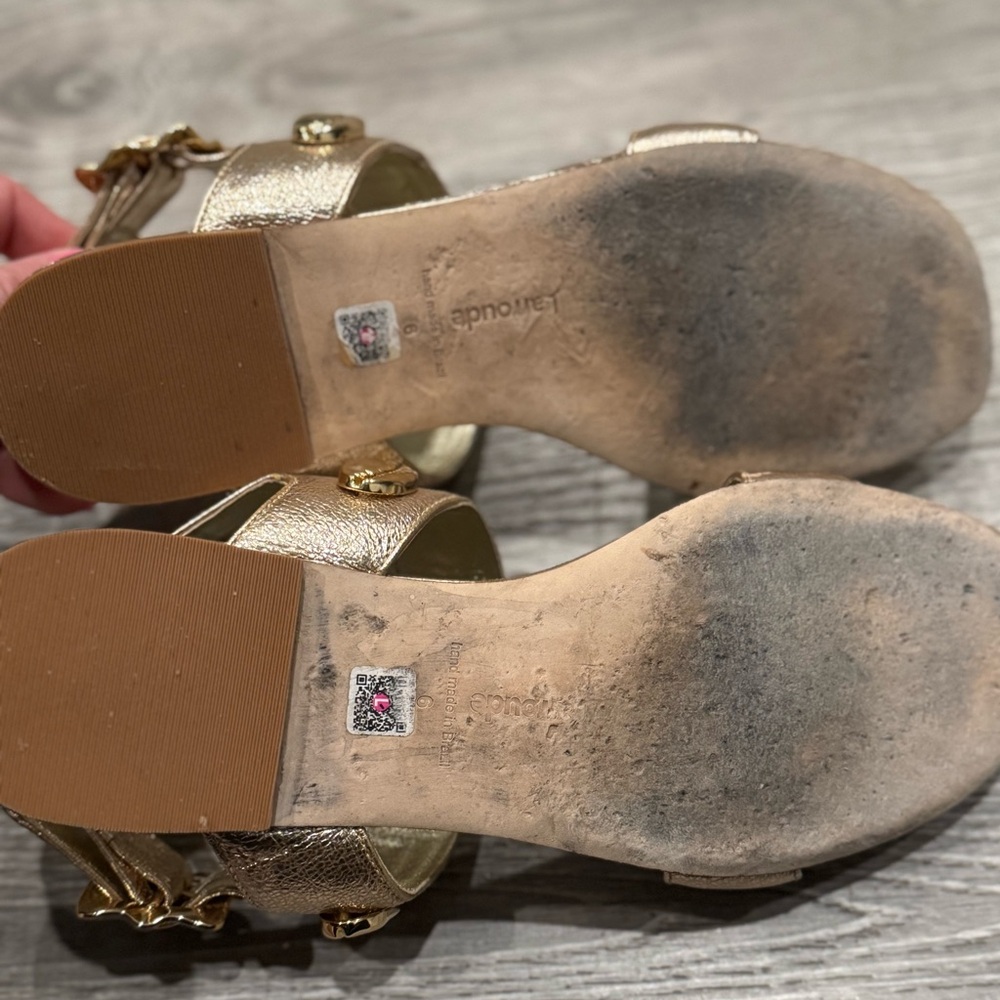 LARROUDE PREOWNED MADISON GOLD LEATHER SHELL SANDALS 6 ANTHROPOLOGIE - Picture 14 of 16